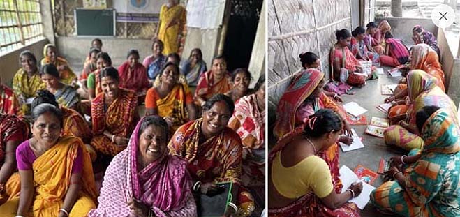 mujeres en clase de alfabetizcaión en sunderbans, india